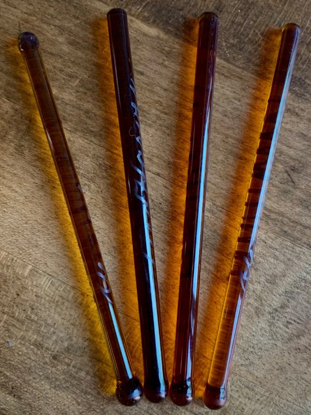 Set of 4 Fred Harvey Amber Glass Swizzle Sticks – Silver Overlay – 5” - Vintage